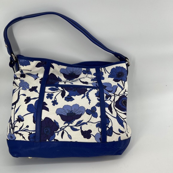 Isaac Mizrahi Floral Hobo Bag Shoulder Bag Blue White Canvas and Leather Tassel - Picture 3 of 9